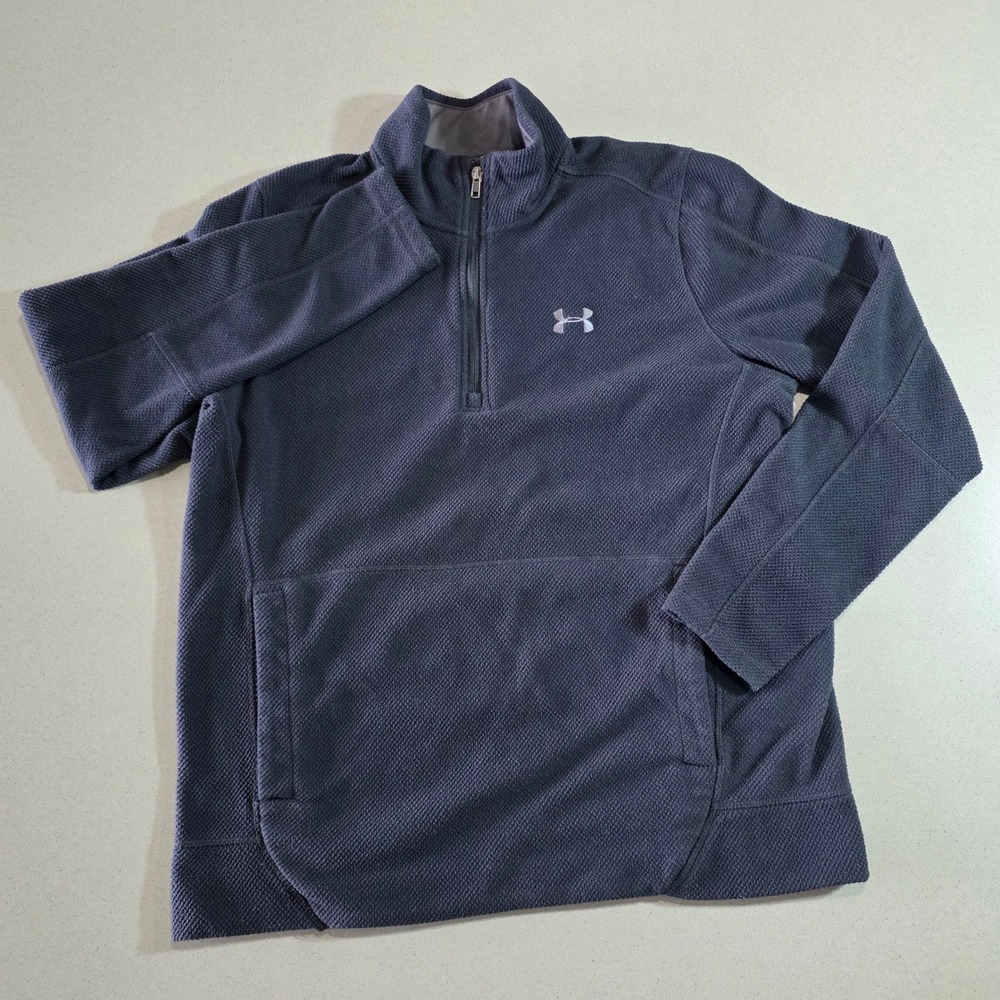 Under Armour ColdGear Mens Large Loose Fit 1/4 Zip Waffle Fleece Pullover Navy